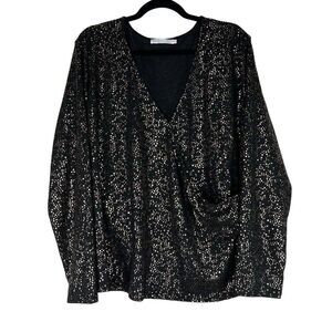 New Lush Faux Wrap Black Gold Shimmer Long Sleeve Top 3X